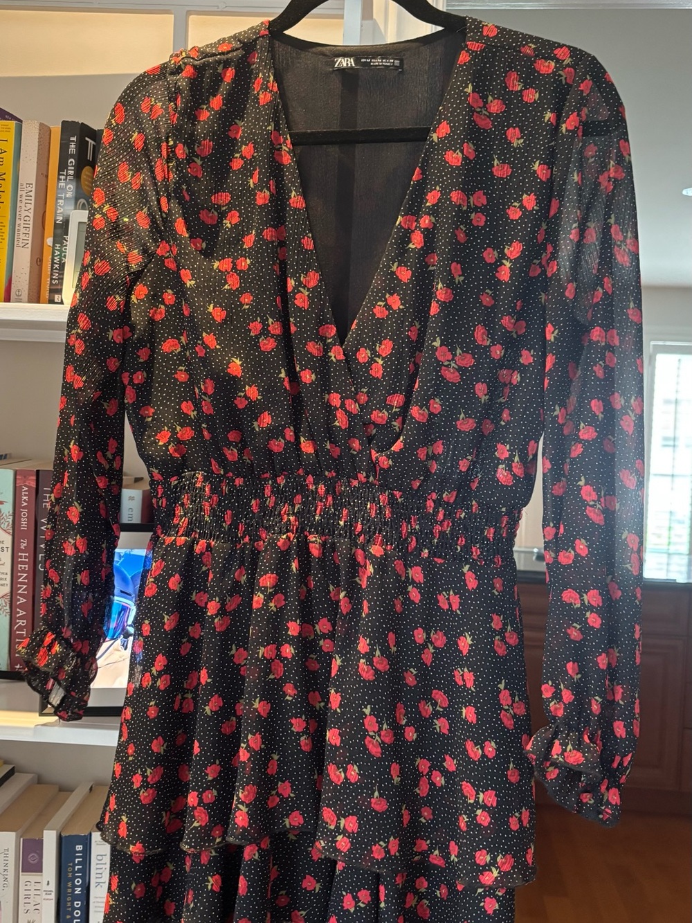 ZARA Black Long-Sleeve V-Neck Dress with Red Floral Print